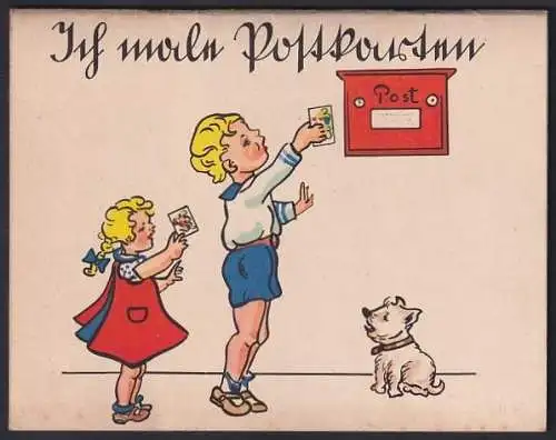 Ausmal-AK Vier Motive zum Ausmalen, Knabe mit Schirm, Knabe auf Schaukelpferd, Blumen