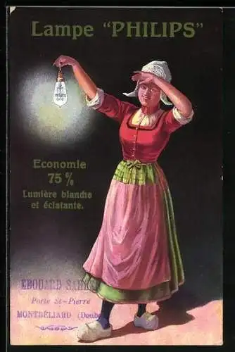 Künstler-AK Reklame für Philips, Holländerin mit Glühlampe in der Hand, Lampen