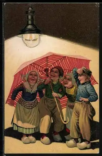Lithographie Reklame Philips, Kinder unter einer Glühlampe, Niederlande