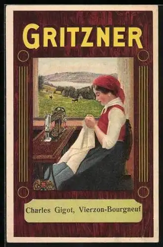 AK Reklame Gritzner Nähmaschine mit einer Frau bei Näharbeiten
