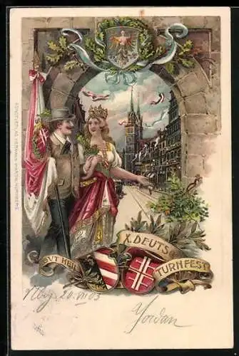 Lithographie Nürnberg, X. Deutsches Turnfest, Turner mit Flagge, Wappen, Stadtansicht