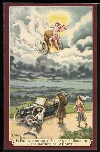 AK ReklameReifen Goodrich, Auto mit Reifenplatten sieht hoch zu Streitwagen mit stabilen Reifen
