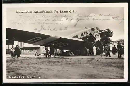 AK Dreimotoriges Verkehrsflugzeug, Typ Junkers G 31, Deutsche Luft Hansa AG