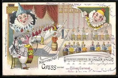 Lithographie Karnevalsfeier, Narren, Trommler