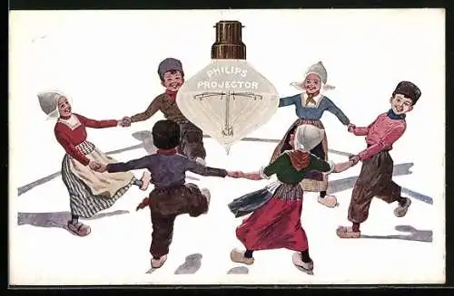 AK Philipps Projector, Niederländische Kinder tanzen um Glühbirne