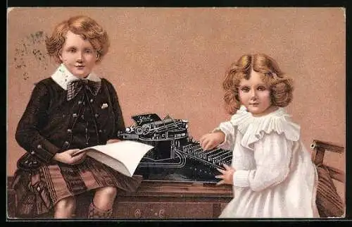 Künstler-AK Zwei Kinder an einer Schreibmaschine, Reklame Compagnie de la machine a Écrire Yost