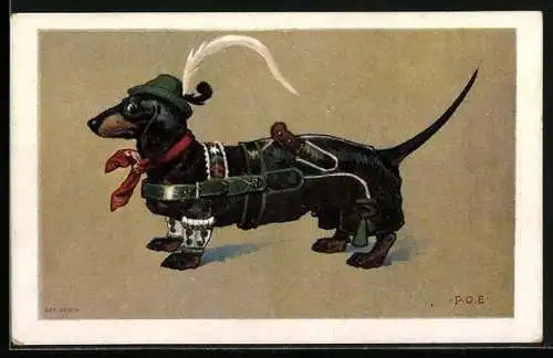Künstler-AK P. O. Engelhard (P.O.E.): Dackel in Lederhosen mit Messer, Der Gscherte!
