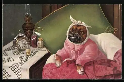 Künstler-AK Kranke Bulldogge im Bett, vermenschlichte Tiere