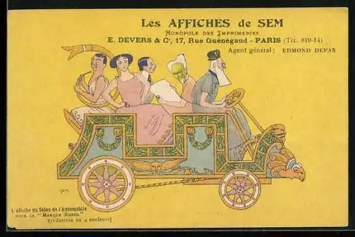 Künstler-AK Paris, Auto Marque Rheda, Les Affiches de Sem, E. Devers, 17 Rue Guénégaud, Marque Rheda