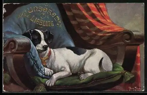 Künstler-AK Arthur Thiele: Jack-Russel-Terrier schläft auf einem Kissen mit Aufschrift Unser Liebling