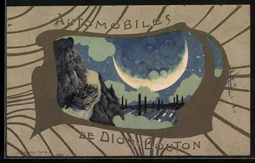 Lithographie Auto-Reklame für Dion-Bouton, Auto auf einer Bergstrasse und riesiger Mond, Jugendstil