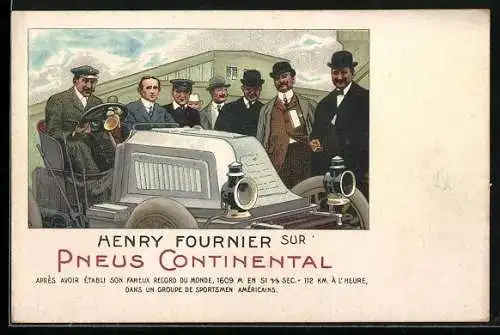 Künstler-AK Henry Fournier auf Continetal Pneumatic nach erfolgreichem Weltrekord-Versuch