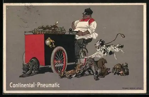 AK Reklame für Fahrradreifen Continental-Pneumatic, Mobiler Wurstverkäufer und Hunde