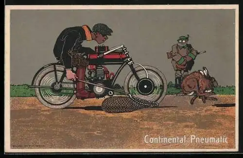 AK Motorrad, Reklame für Continental-Pneumatic, Motorradfahrer fängt ein Kaninchen, Jäger