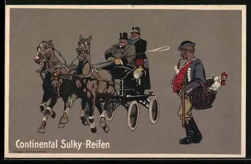 AK Continental Sukly-Reifen, Pferdekutsche mit Gummireifen, Bauer mit Pfeife und Hahn im Korb wundert sich