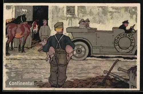 AK Reklame Continental, Soldaten im Auto vor dem Tierstall mit Pferden und Schweinen