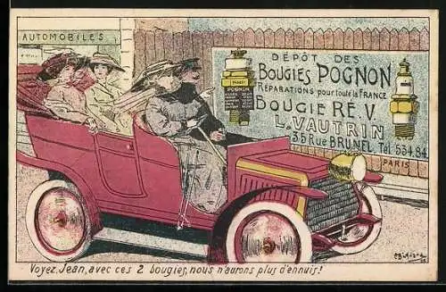AK Drei Frauen und Fahrer im Auto, Reklame Bougies Pognon