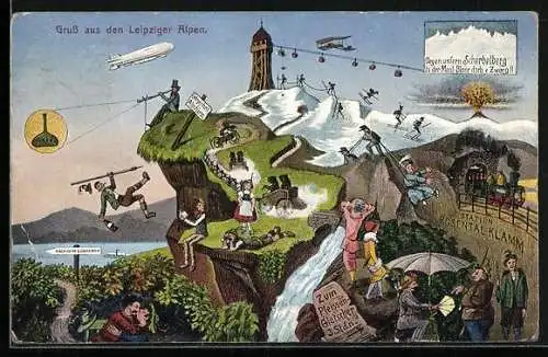 Künstler-AK Leipzig, Leipziger Alpen mit Rosental-Klamm, Zukunft, Zeppelin