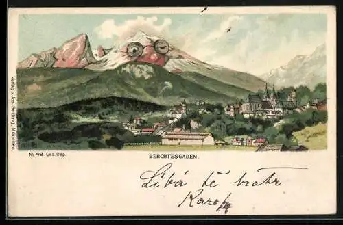 Künstler-AK Berchtesgaden, Ortsansicht, Berg mit Gesicht, Berggesichter, Seiling Nr. 48