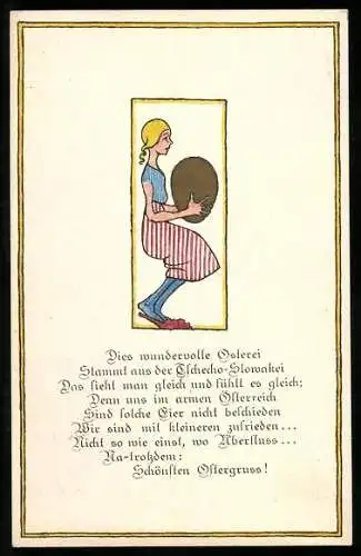 4 Handzeichnungen / Ansichtskarten-Entwürfe Knicksendes Mädchen mit goldenem Osterei aus der Tschecho-Slowakei