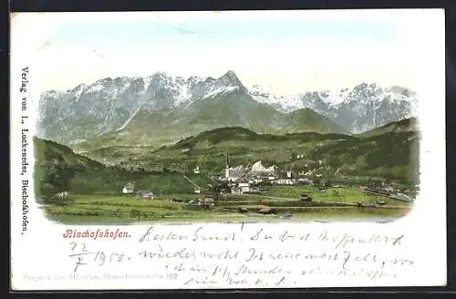 AK Bischofshofen, Ortspanorama mit Gebirge