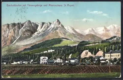 AK Bischofshofen, Teilansicht mit Tännengebirge und Missionshaus St. Rupert