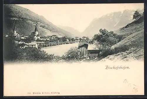 AK Bischofshofen, Ortspartie mit Kirchen und kleinem See