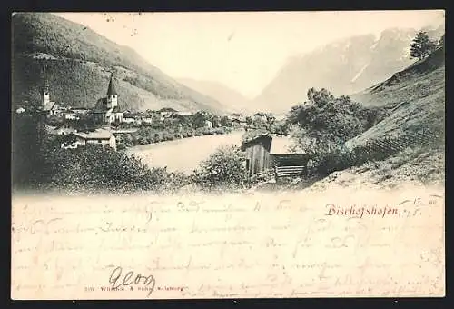 AK Bischofshofen, Ortspartie mit Kirchen und kleinem See