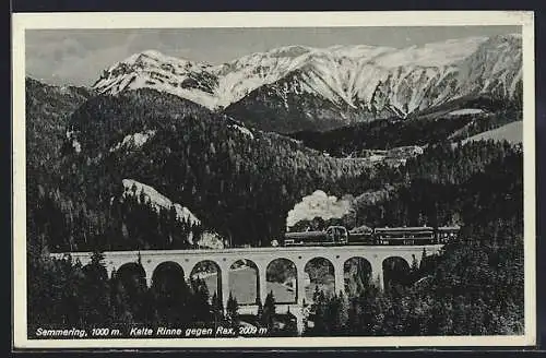 AK Semmering, Kalte Rinne und Viadukt mit Eisenbahn gegen Rax