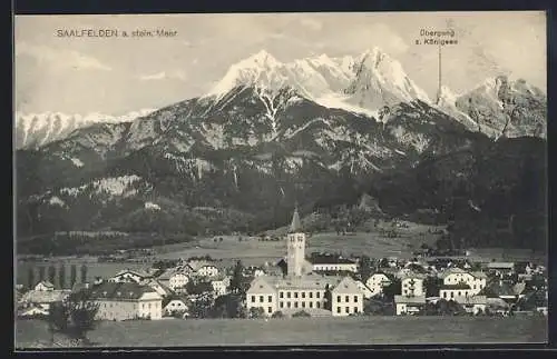 AK Saalfelden a. stein. Meer, Ortspanorama mit Kirche und Übergang zum Königsee