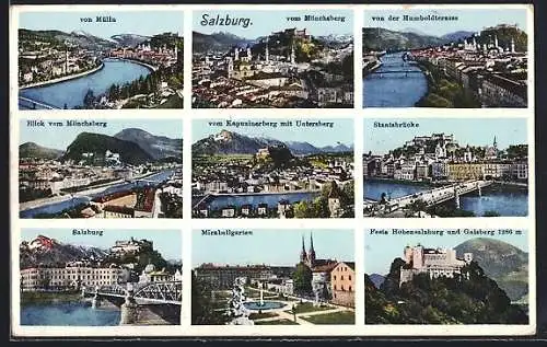 AK Salzburg, Ortsansichten von Mülln, vom Mönchsberg, v. Kapuzinerberg u. v. d. Humboldterrasse aus, Ortspartien