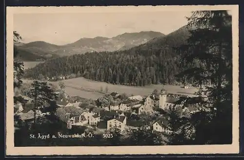 AK St. Aegyd am Neuwald, Totalansicht mit Bergpanorama aus der Vogelschau