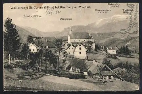 AK St. Corona am Wechsel, Ortsansicht mit Raxalpe, Mittags- u. Kaiserstein