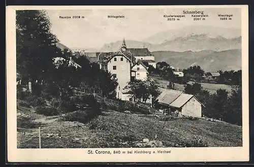 AK St. Corona am Wechsel, Ortspartie mit Schneeberg-Panorama