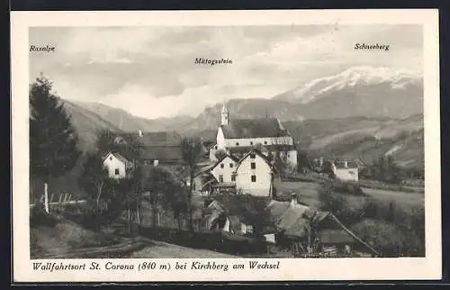 AK St. Corona bei Kirchberg, Ortspartie mit Kirche, Raxalpe, Mittagsstein und Schneeberg