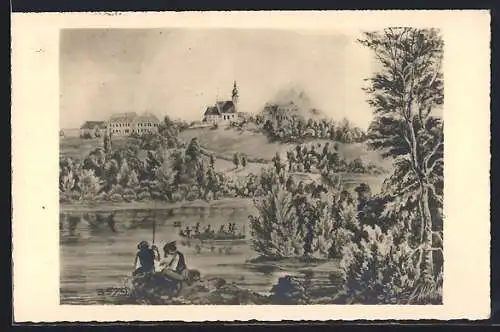 Künstler-AK Thalheim bei Wels, Panorama mit Kirche
