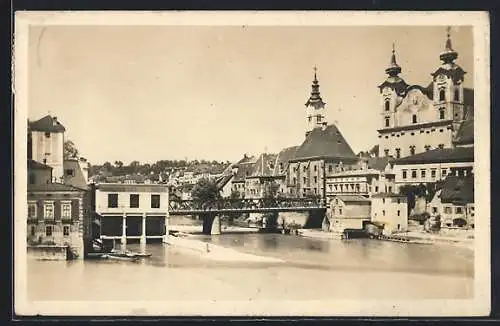 AK Steyr /O.-Ö., Zusammenfluss von Enns und Steyr mit Kirche