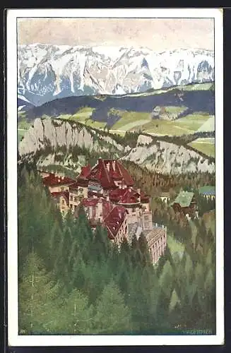 Künstler-AK Semmering, Ortsansicht mit Südbahnhotel, Wäldern und Alpenpanorama