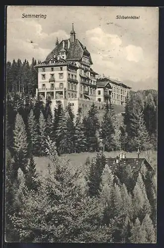 AK Semmering, Südbahnhôtel mit Wiese und Bäumen