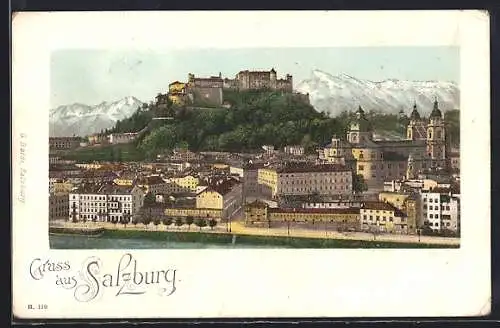 AK Salzburg, Ortsansicht mit Schloss und Bergen