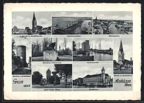AK Anklam /Pom., Markt mit Nikolaikirche, Hafeneinfahrt, Rathaus, Pulverturm