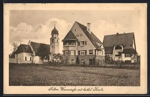 AK Soltau, Wiesenstrasse mit kathol. Kirche