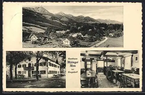 AK Alzing, Gebirgspanorama, Gasthaus Alzinger Alm, Innen- u. Aussenansicht