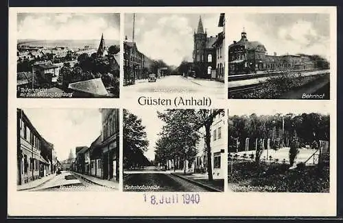 AK Güsten /Anhalt, Bahnhof, Bahnhofstrasse, Sport-Tennis-Platz, Teilansicht mit Blick Richtung Bernburg