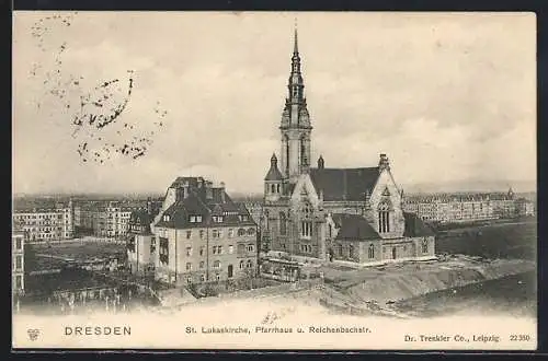 AK Dresden-Plauen, St. Lukaskirche, Pfarrhaus u. Reichenbachstr.