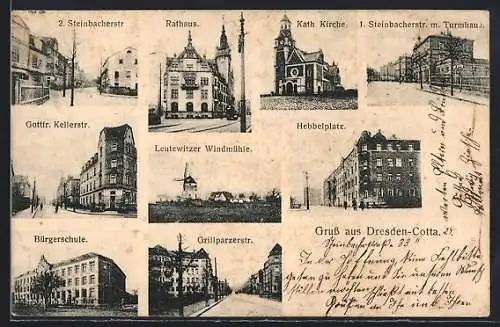 AK Dresden-Cotta, Rathaus, Hebbelplatz, Grillparzerstr. Bürgerschule, Leutewitzer Windmühle