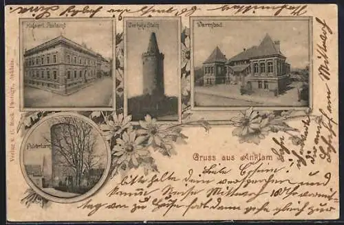 AK Anklam, Warmbad, Der hohe Stein, Kaiserl. Postamt, Pulverturm