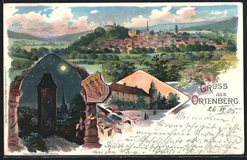 Lithographie Ortenberg / Hessen, Torturm, Kirche, Gesamtansicht