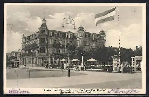 AK Zinnowitz, Hotel-Kurhaus Preussenhof mit Litfasssäule
