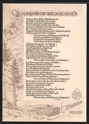 Künstler-AK Warstein, Reklame für Warsteiner Pilsner mit Gedicht O Warstein wie bist du so schön